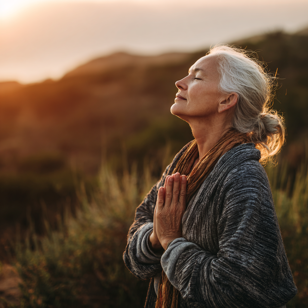 Mature woman practicing yoga in serene natural setting with gentle morning light