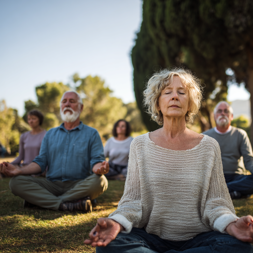 Senior adults in peaceful yoga meditation pose outdoors surrounded by nature